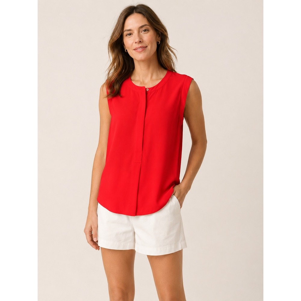 J.Crew Womens Sleeveless‎ Blouse 10P Red Petite Workwear Career Chic Henley